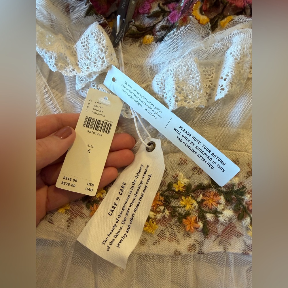 NWT By Anthropologie Ruffle Sleeve Embroidered Tulle Tiered Lace Maxi Dress 6 - Picture 8 of 9
